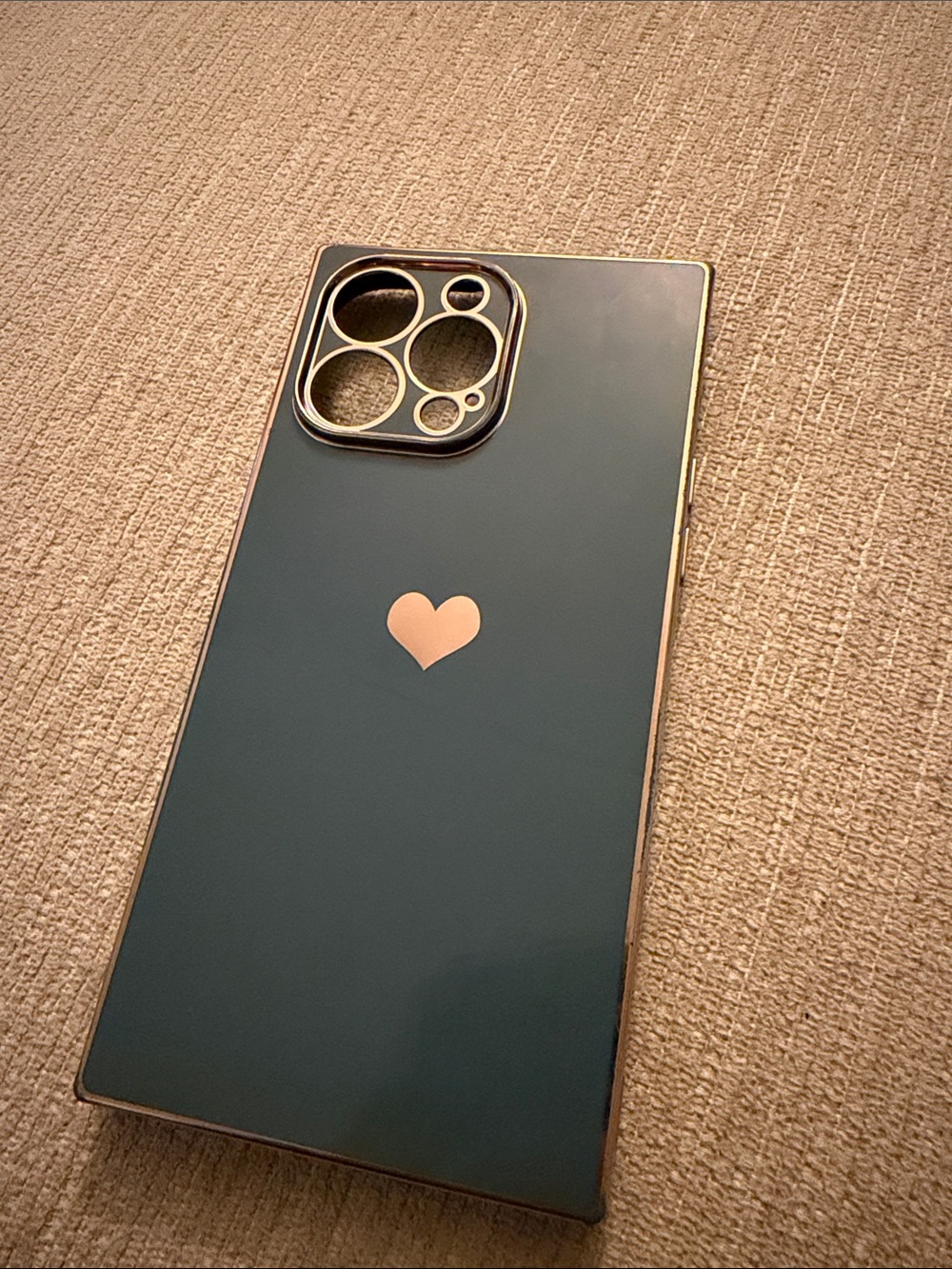 Slim Dark Green Square iPhone Case with Gold Heart and gold trim
